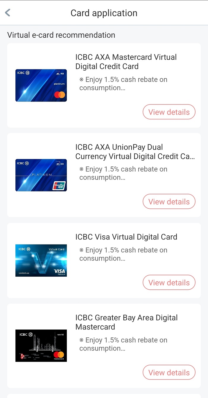Choose card application through ICBC (Asia) Mobile Banking App